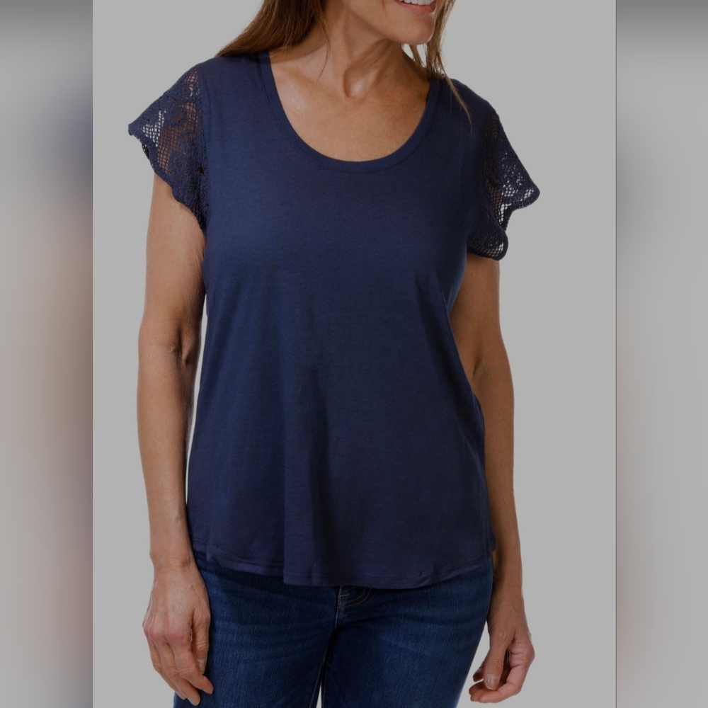 C&C California Crocheted Short Sleeve Top Tee Indigo * Large * NWT!!